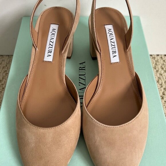 Aquazzura Talita Beige New Nude Suede Block Heel Slingback Pumps - Picture 5 of 14